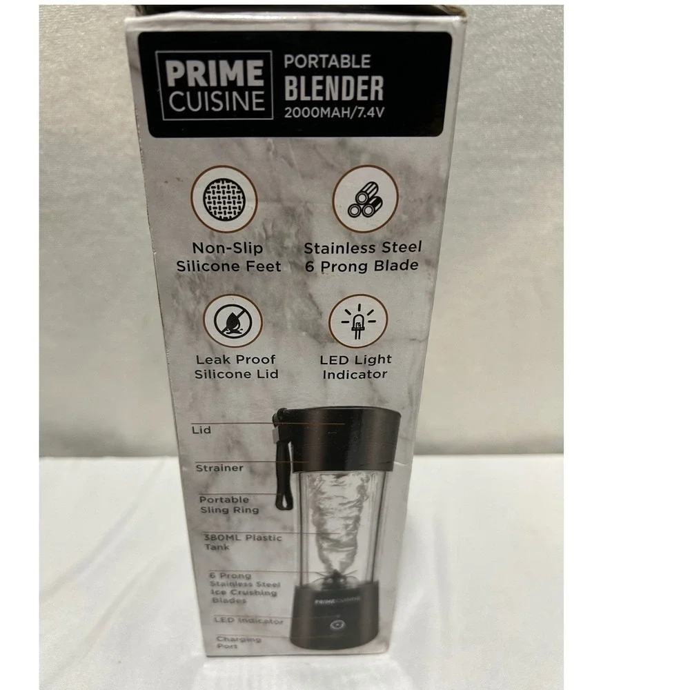 Prime Cuisine Portable Blender Unisex 380mL Black Rechargeable USB 6-Prong Blade